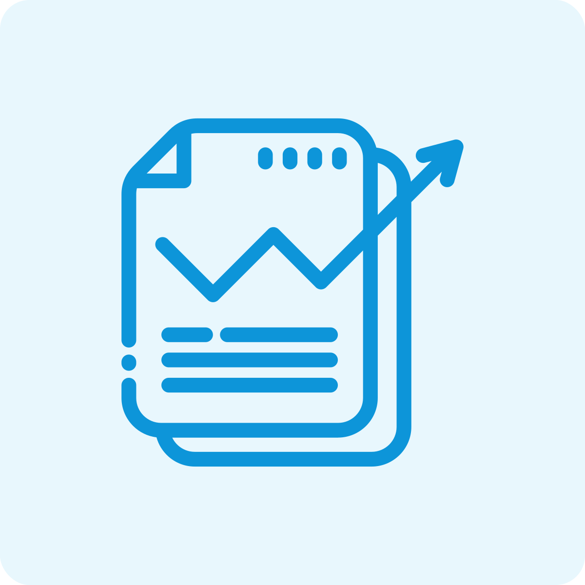 Blue line icon of a paper with a graph and upward trending arrow, representing data analysis or growth.