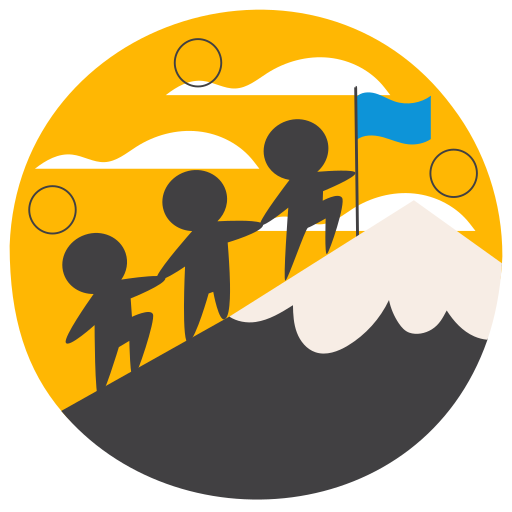 Silhouette of three people climbing a mountain with a flag at the peak, set against a yellow sky with clouds and circular sun or moons.