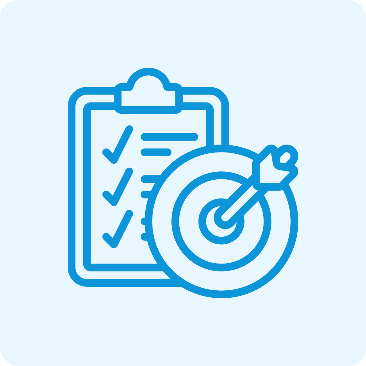 A checklist on a clipboard with checkmarks and a dartboard with an arrow hitting the bullseye, symbolizing goal setting and achievement.
