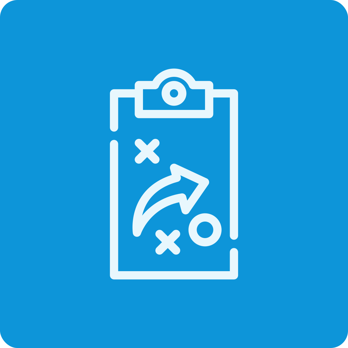 Icon of a clipboard with a playbook strategy diagram, including X and O symbols and an arrow, on a blue background.