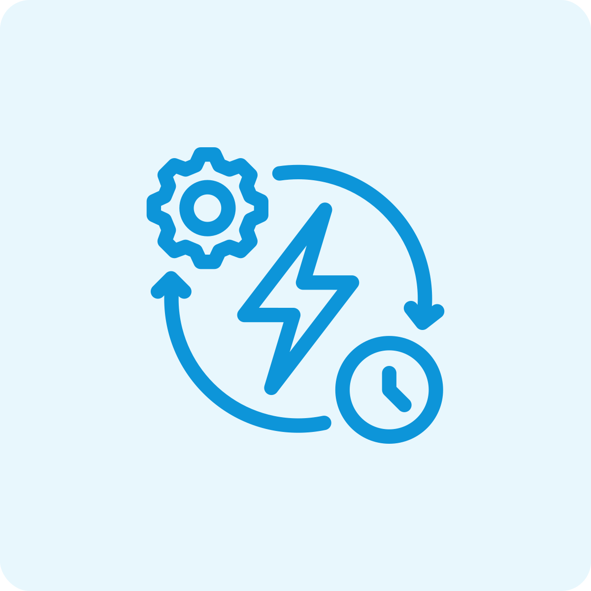 Conceptual icon of energy efficiency showing a gear, lightning bolt, clock, and circular arrows indicating renewable energy or power management