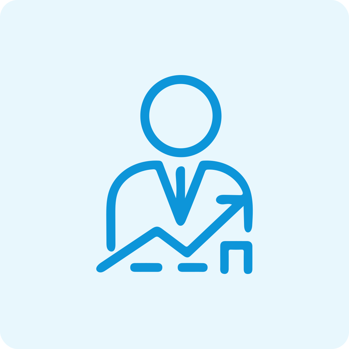 Icon of a person in a suit with a tie, with an upward trending line graph, indicating business growth or success.