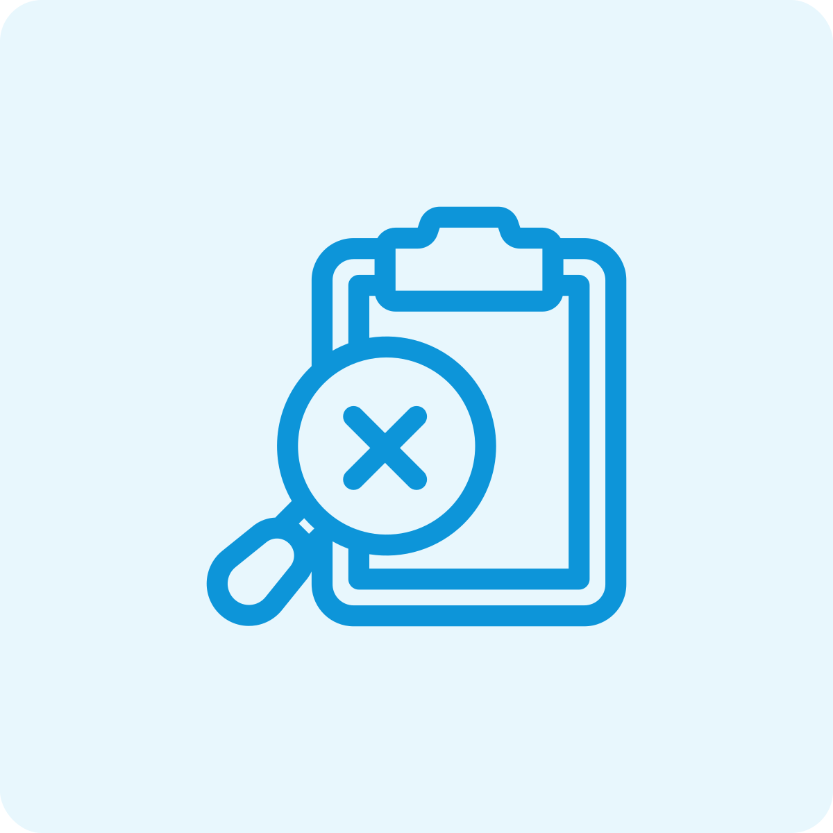 Icon of a clipboard with a magnifying glass showing a cross, indicating error or no match.