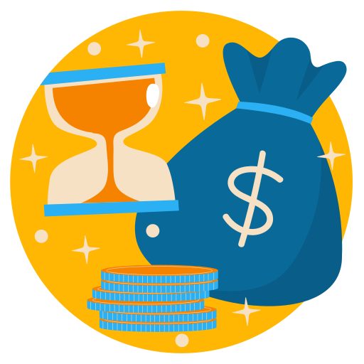 An illustration featuring an hourglass, a money bag with a dollar sign, and stacked coins, representing the concept of time and money.