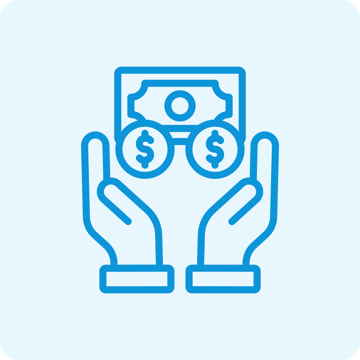 Outline of hands holding a dollar bill with dollar signs.