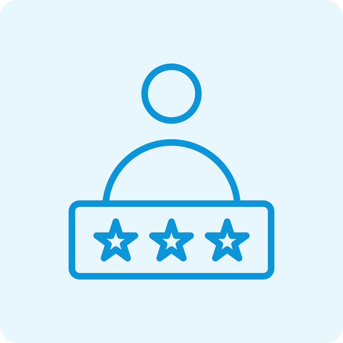 Outline drawing of a person behind a review or rating board with three stars.