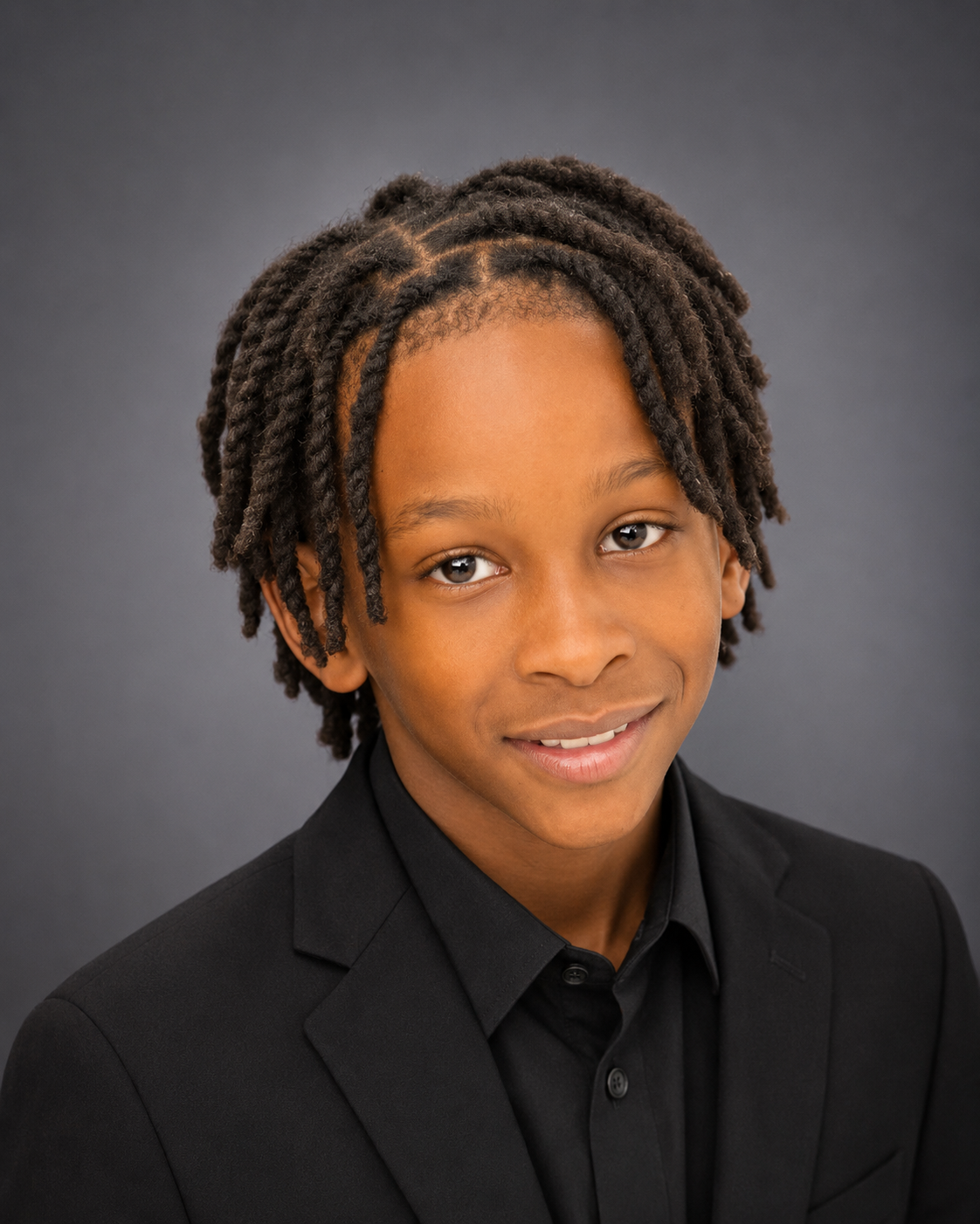 Young man with styled dreadlocks, wearing a black suit and shirt, smiling at the camera against a plain dark background.