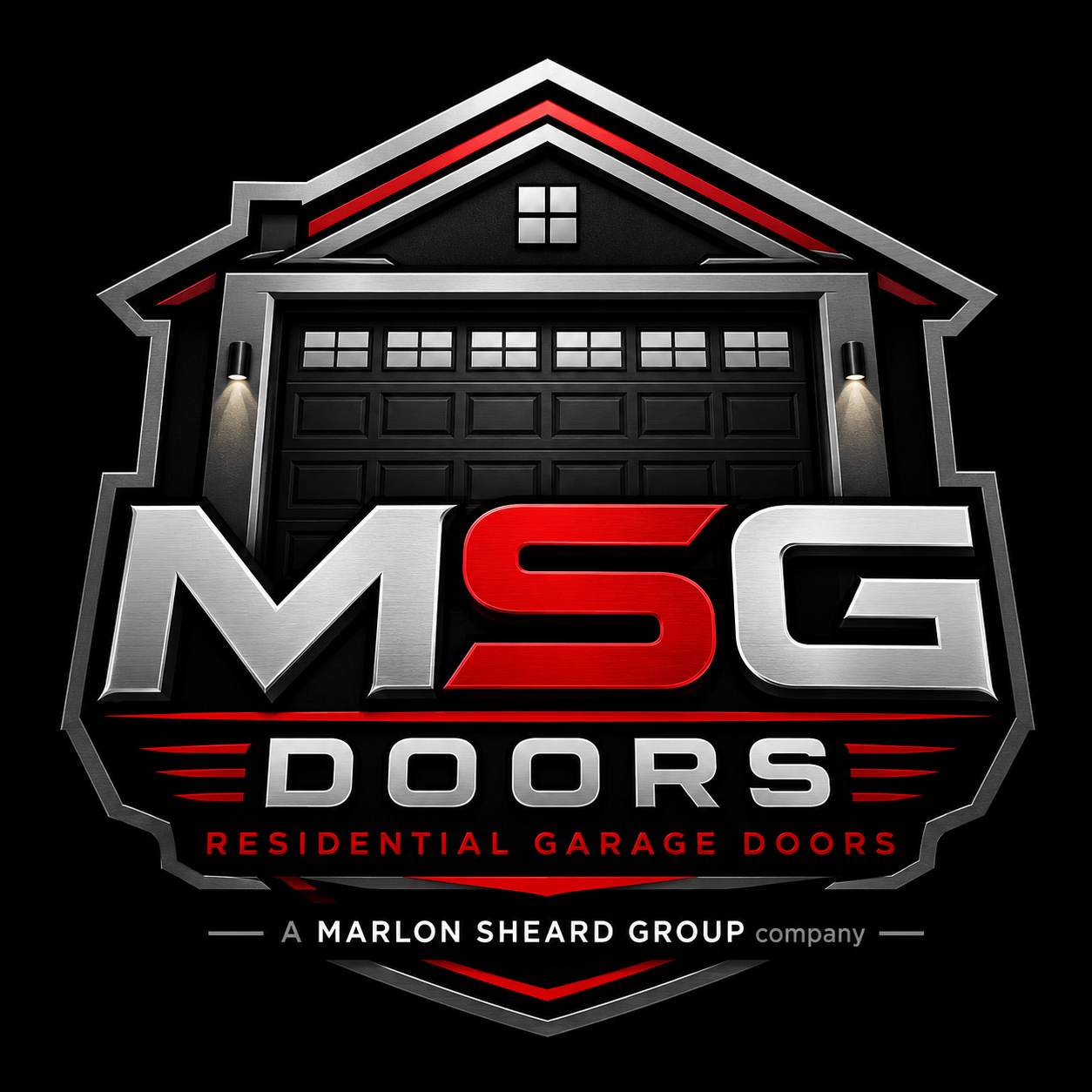 Logo for MSC Doors featuring a stylized black garage door with lighting and a house roof outline, with the text MSC Doors and Residential Garage Doors, company by Marlon Sheard Group.