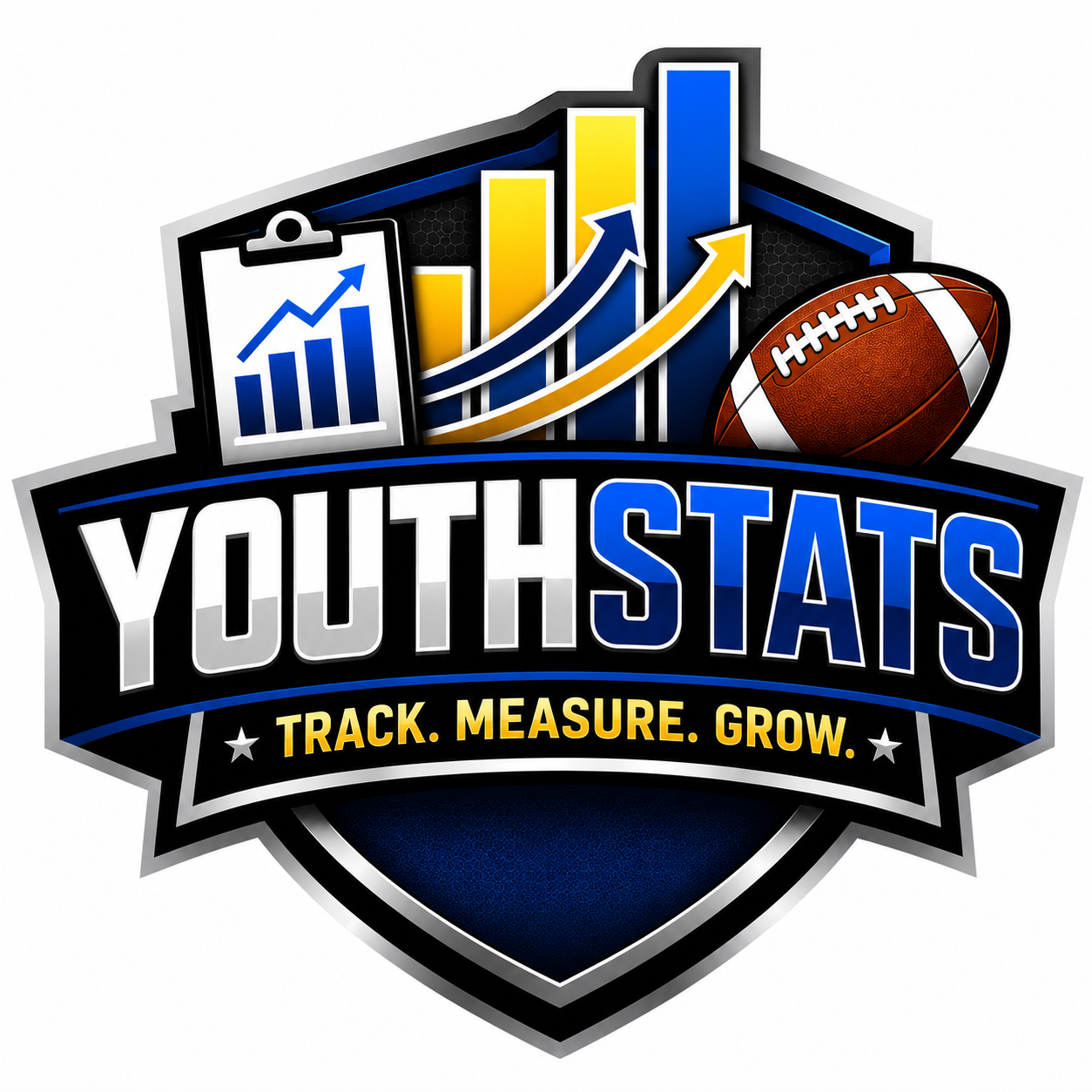 A sports-themed graphic with a bar chart, upward arrows, a clipboard with a line graph, a football, and the words 'YOUTH STATS' and 'Track. Measure. Grow.'