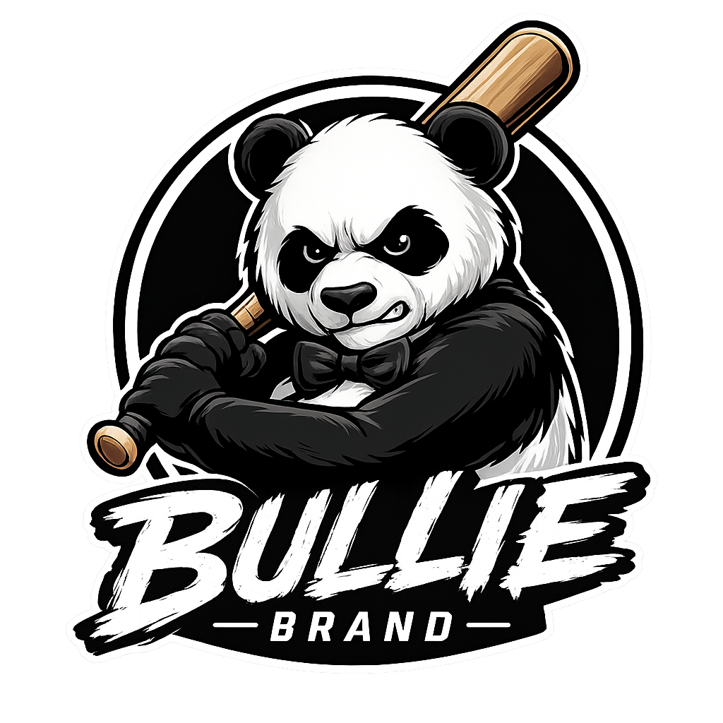 A cartoon panda bear with an angry expression, holding a baseball bat over its shoulder. The panda is wearing a bowtie, and the text 'Bullie Brand' is written below in bold, stylized font.