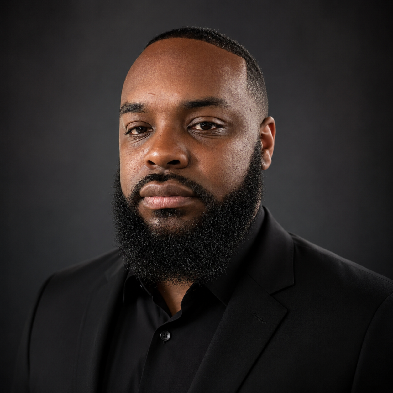 Close-up portrait of a man with a beard, wearing a black suit and shirt against a dark background.