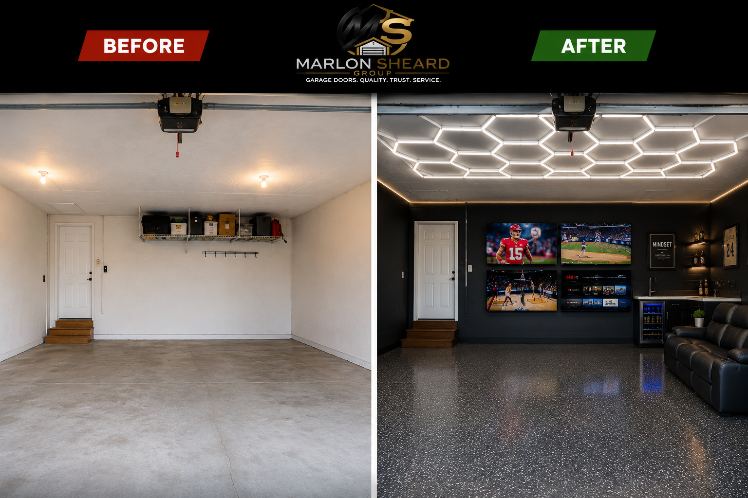 Comparison of an empty garage before renovation and a finished entertainment room after renovation with black walls, modern hexagonal ceiling lights, multiple TV screens showing sports, a black leather sofa, and home bar area.