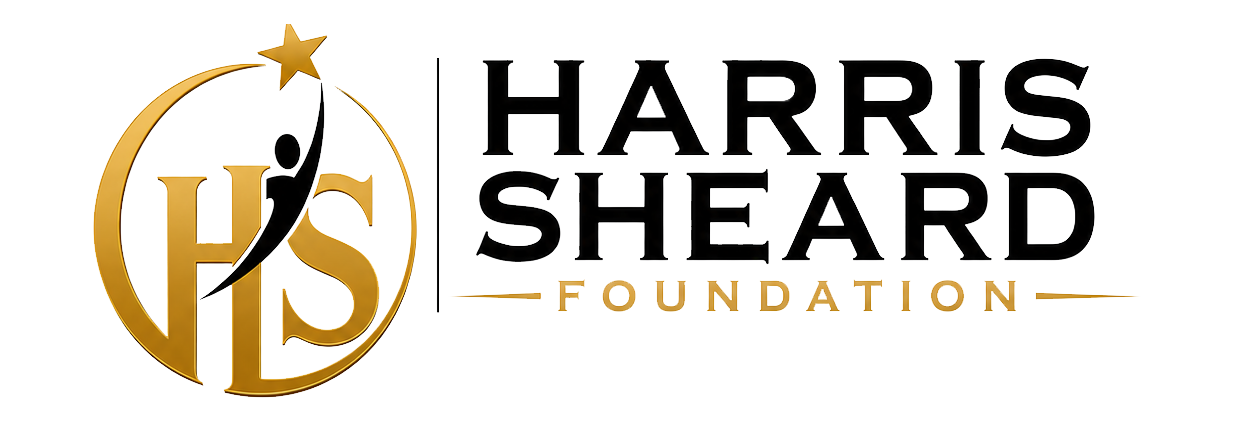 Harris Sheard Foundation logo with gold and black text and a circular emblem containing the initials 'H S' and a stylized figure reaching for a star.