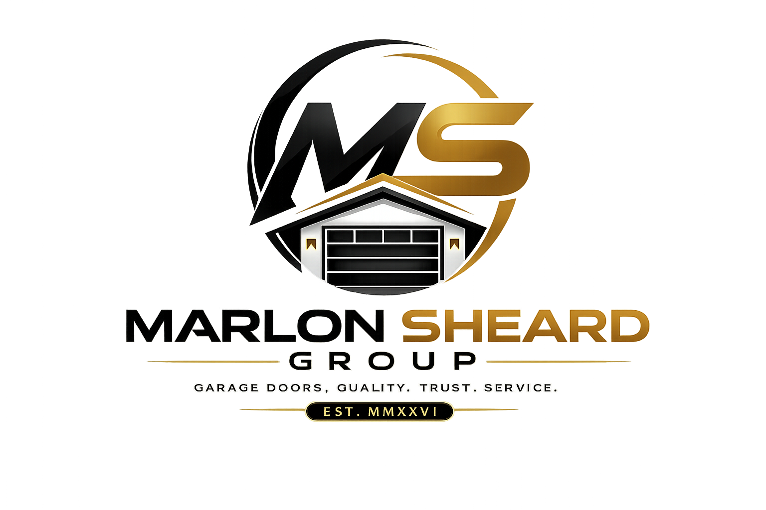 A professional logo for Marlon Sheard Group, specializing in garage doors, featuring a stylized garage door icon, with the slogan 'Garage doors, quality, trust, service' and the establishment year 2016.