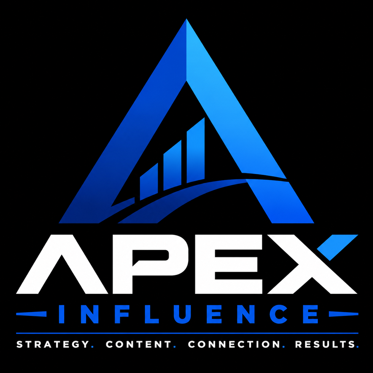 A logo with a stylized blue letter 'A' containing a bar graph inside. Below, the word 'APEX' in bold white letters, and underneath, the word 'INFLUENCE' in blue. Beneath that, white text reads 'STRATEGY. CONTENT. CONNECTION. RESULTS.'