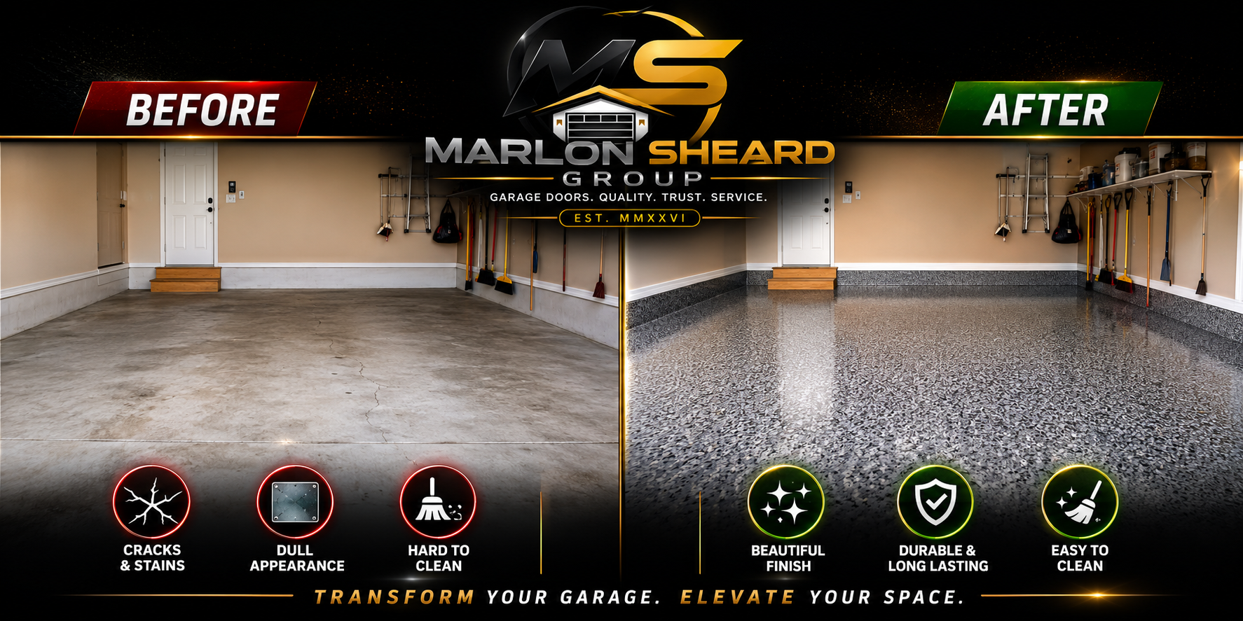 Comparison of a garage before and after floor renovation, with the left side labeled 'BEFORE' showing a dull, cracked concrete floor and the right side labeled 'AFTER' showing a shiny, textured epoxy-coated floor, promoting garage floor transformation.