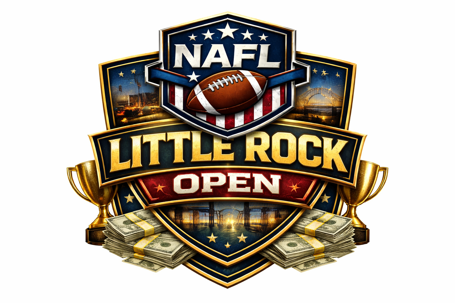 A colorful graphic for the NAFL Little Rock Open football event, featuring a football, trophies, stacks of money, and a scenic background with a bridge and city lights.