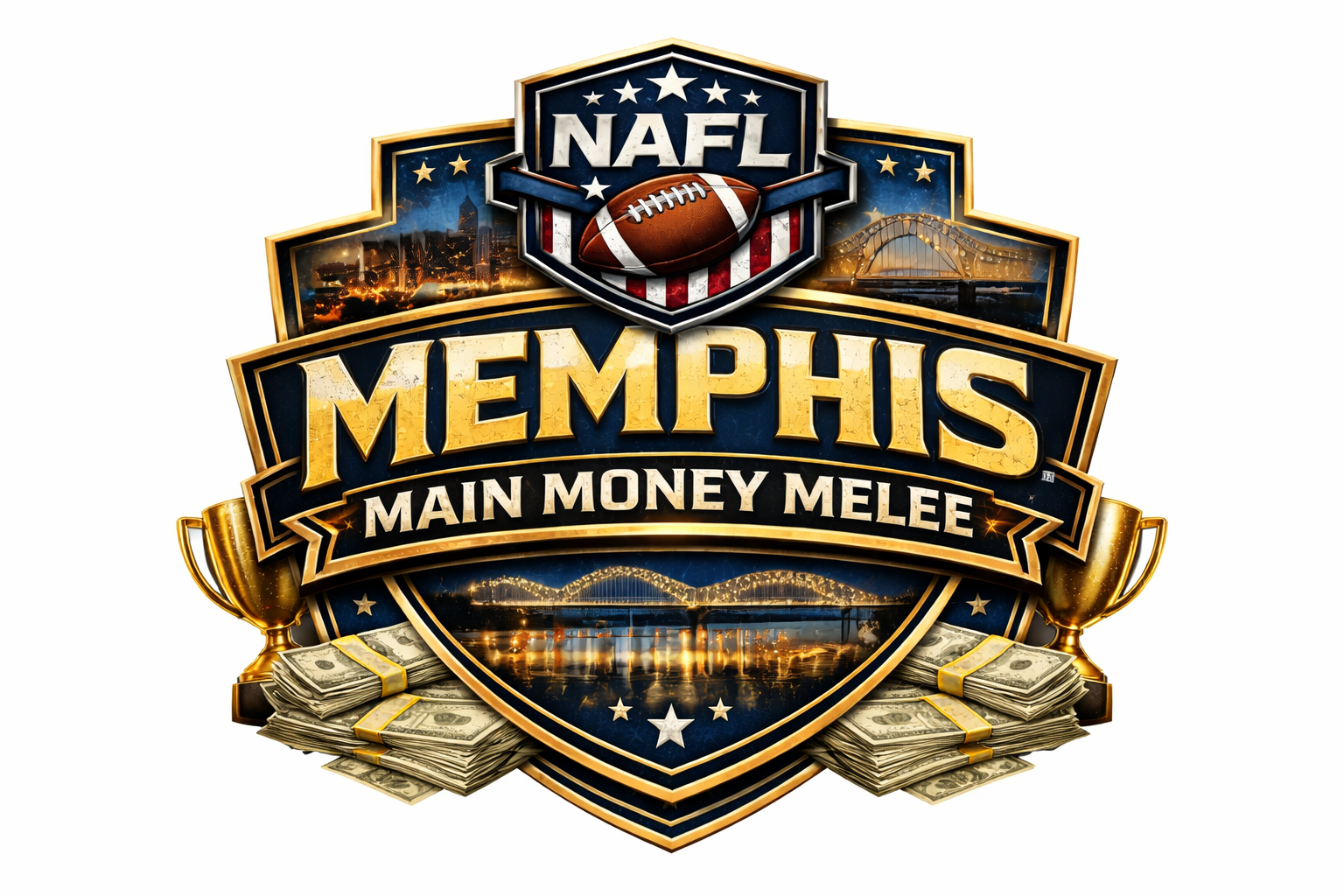 A badge-style graphic for NAFL Memphis Main Money Melee, featuring a football, the Memphis skyline with illuminated bridges, stacks of money, and trophies, with a decorative navy blue and gold theme.