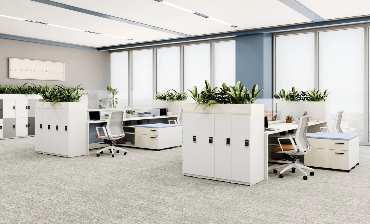 Open concept office with storage lockers