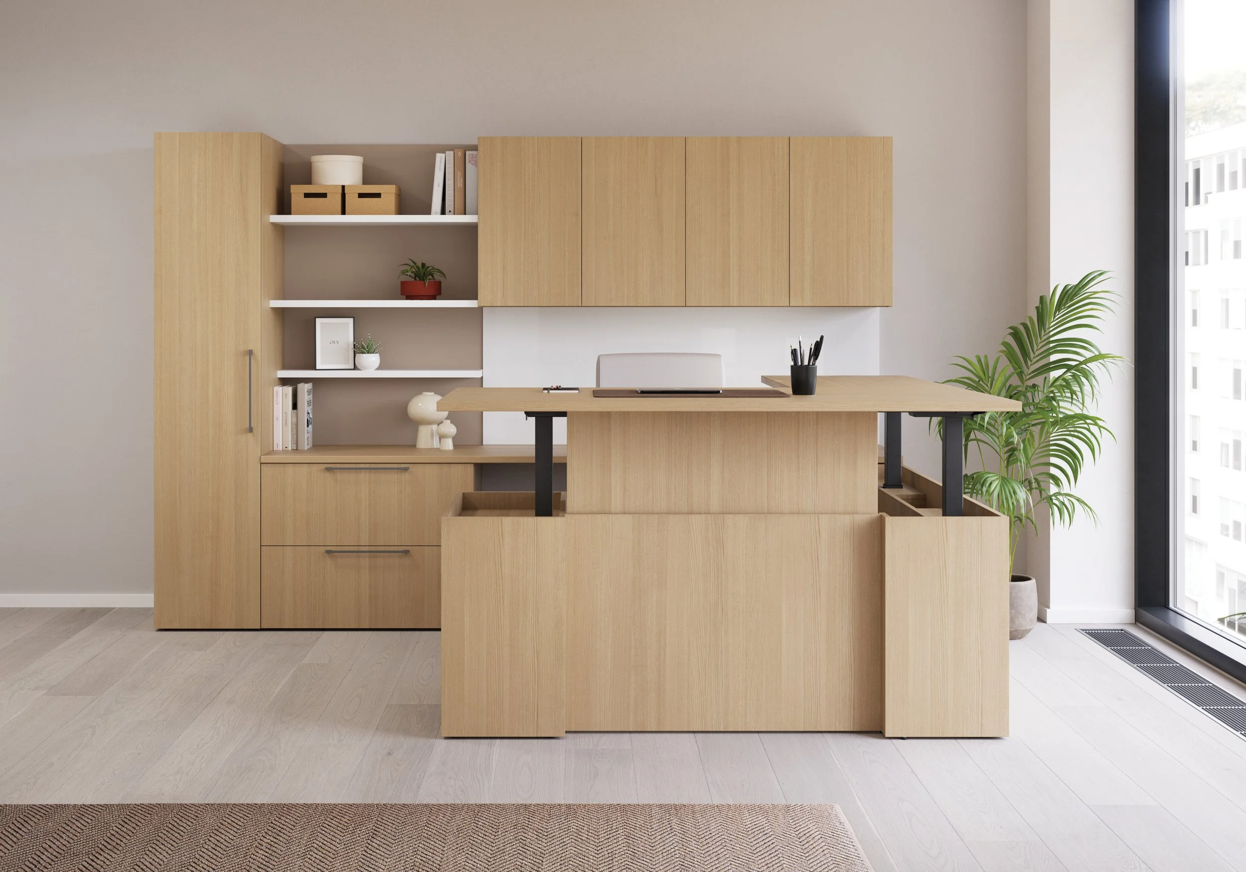Office furniture featuring high adjustable desk with hutch and storage