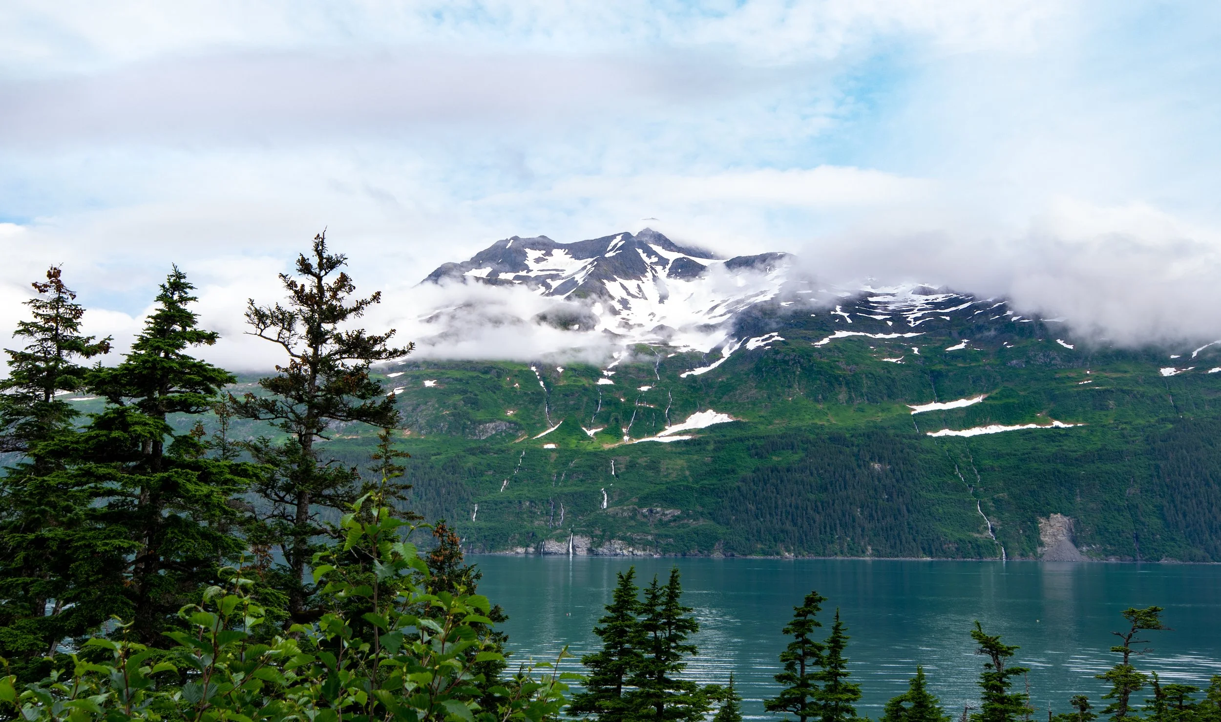 Mountains with snow patches, green slopes, and a lake in the foreground, surrounded by pine trees, with cloudy skies above.