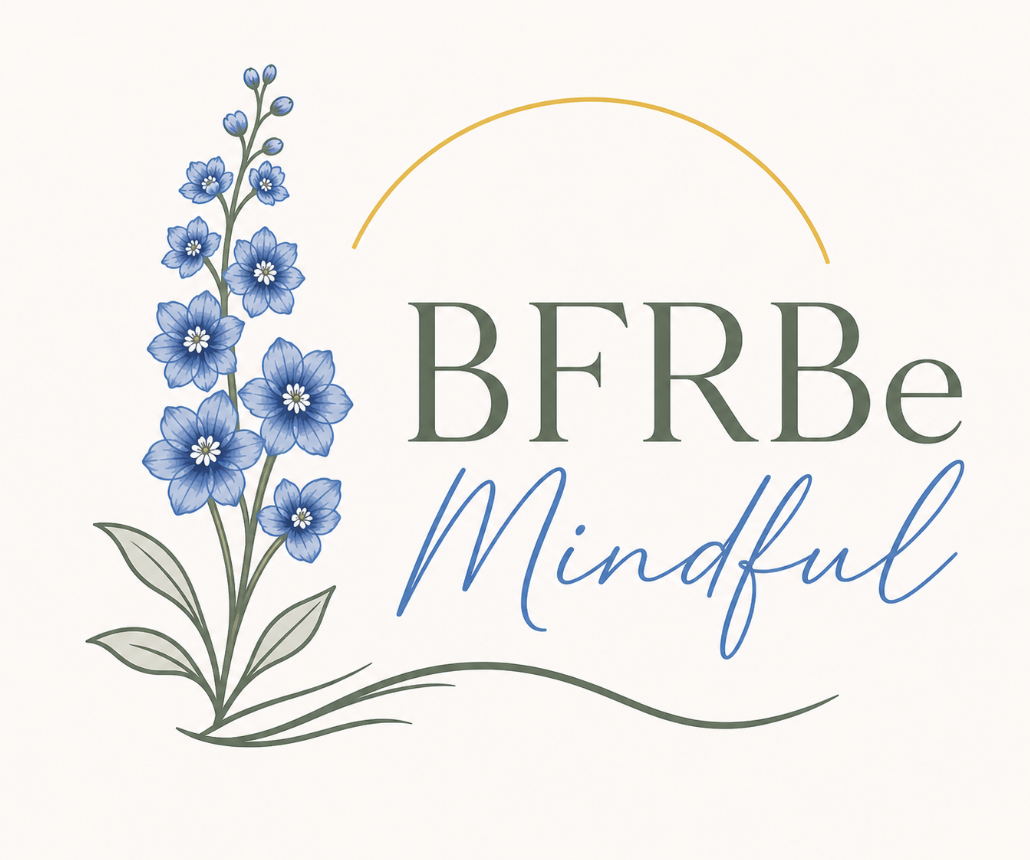 Logo for BFRBe Mindful featuring blue flowers and elegant text.