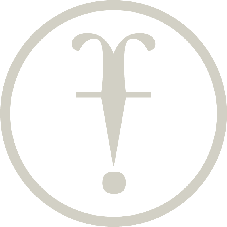 A circular icon depicting a certitude point made up of mirrored images of the letter f