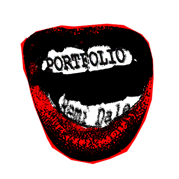 En tegnet munn med åpning, der 'PORTFOLIO' er skrevet på tennene og en linje med tekst under som er vanskelig å lese, alt i et svart, hvitt og rødt fargeskjema.