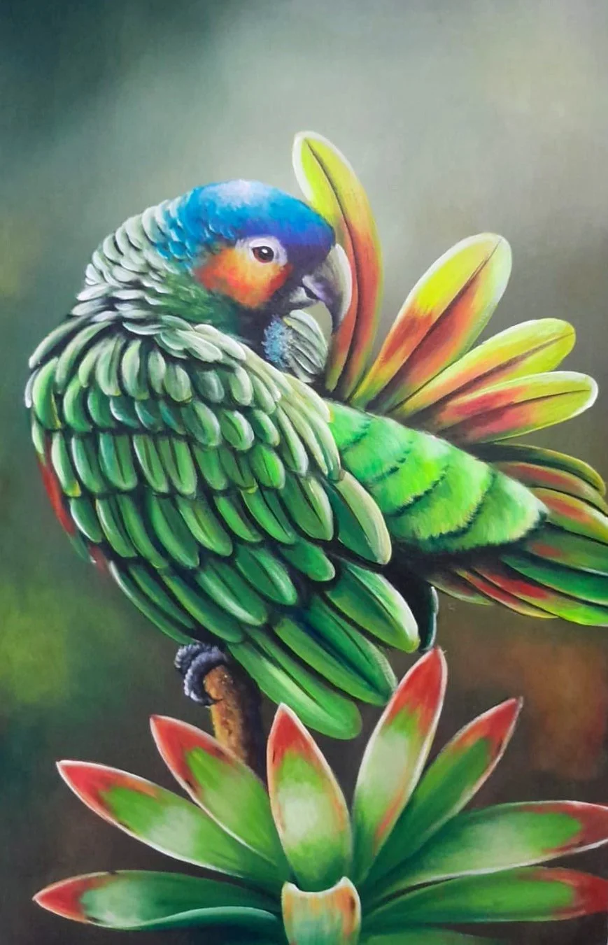 Green Parrot Among Flowers