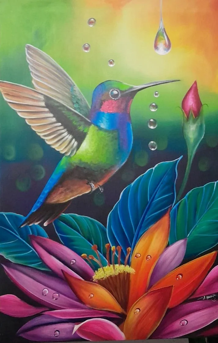 Hummingbird Among Tropical Flowers