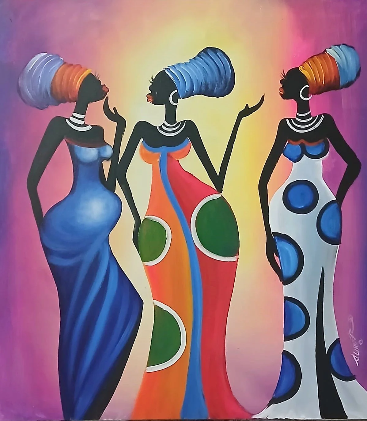 Three Women In Patterned Dresses