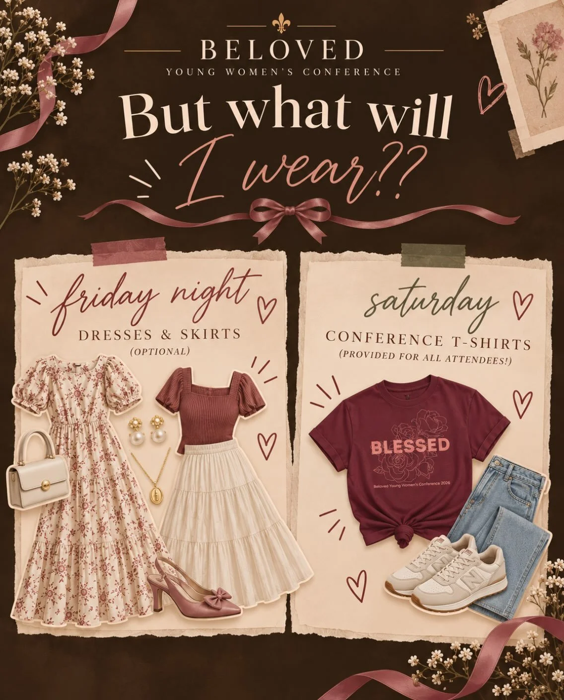 Friday Night: We&rsquo;d love to see you in your cutest dresses and skirts! This is completely optional, as we understand our friends visiting from out-of-town may prefer to wear something more comfortable after traveling! 

Saturday: We&rsquo;ll all