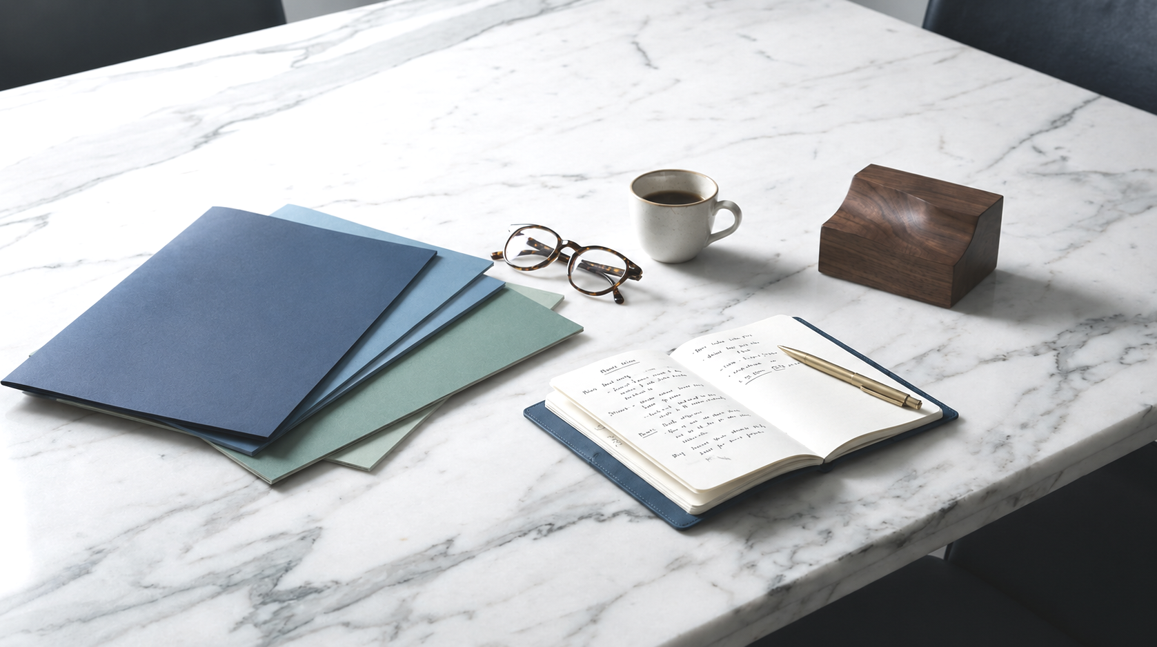A marble table with blue, green, and light blue folders, eyeglasses, a cup of coffee, a wooden box, a notebook with handwritten notes, and a gold pen.