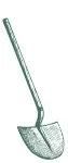 A metal shovel with a long handle and a flat, rectangular blade.