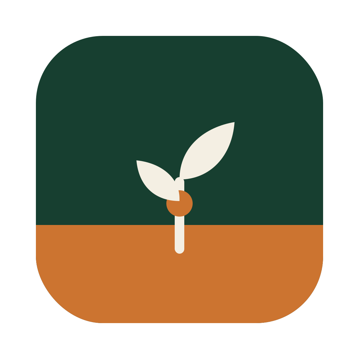Icon of a sprouting plant with two leaves and a brown seed at the base, on a background split into dark green above and brown below.
