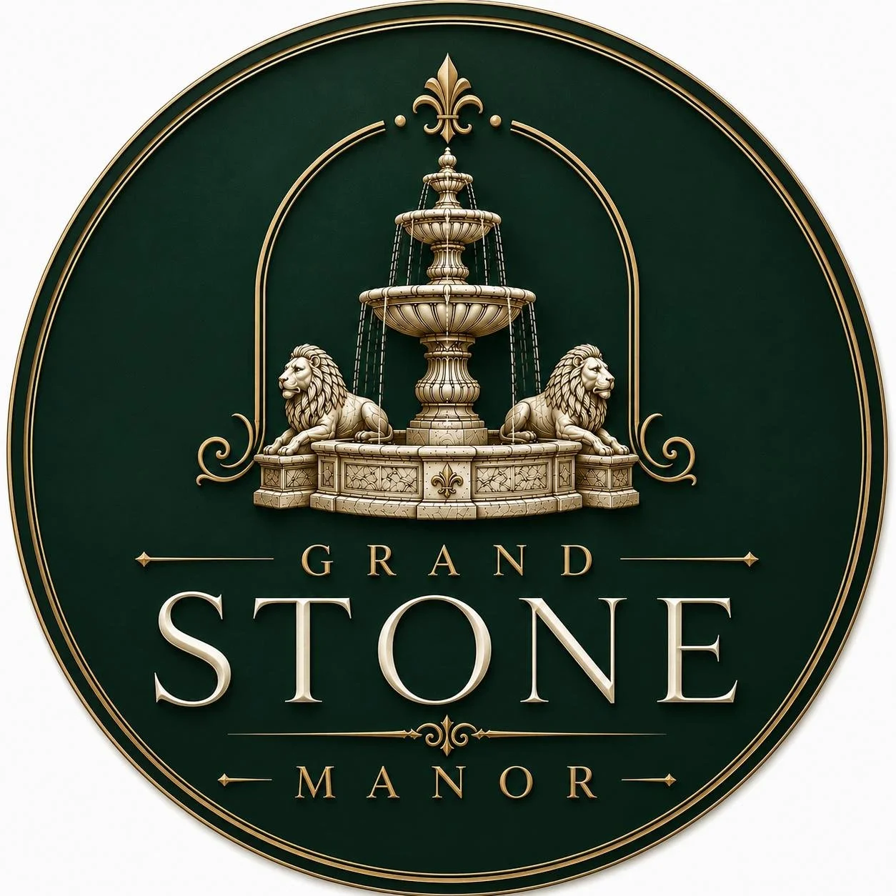 A circular logo with a dark green background and gold accents, featuring a detailed fountain with two lion statues and the text 'Grand Stone Manor'.