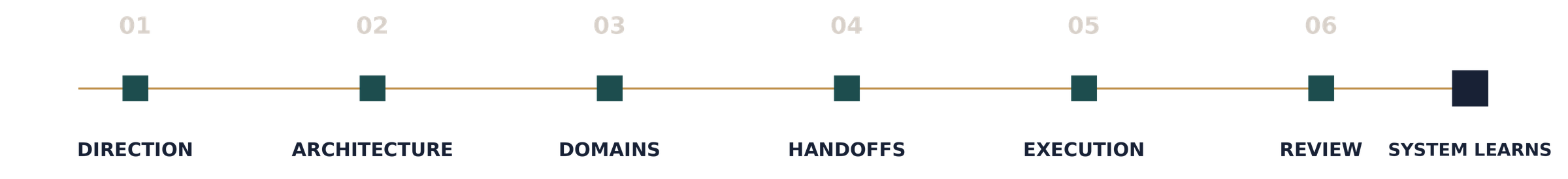 Growth ownership chain: direction, architecture, domains, handoffs, execution, and review, ending in a system that learns.