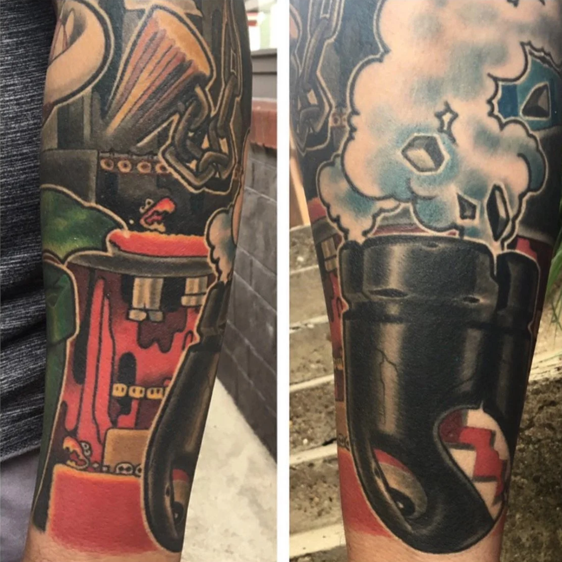 Color Mario Brothers Sleeve on a person's arm by Jesse Smith at Human Production Gallery. 