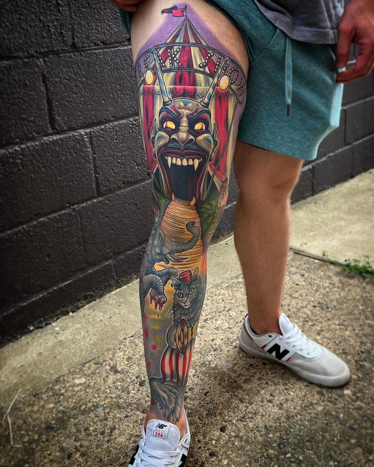 Custom full color, award-winning circus leg sleeve by Jesse Smith at Human Production Gallery in Bethel Park, PA. 