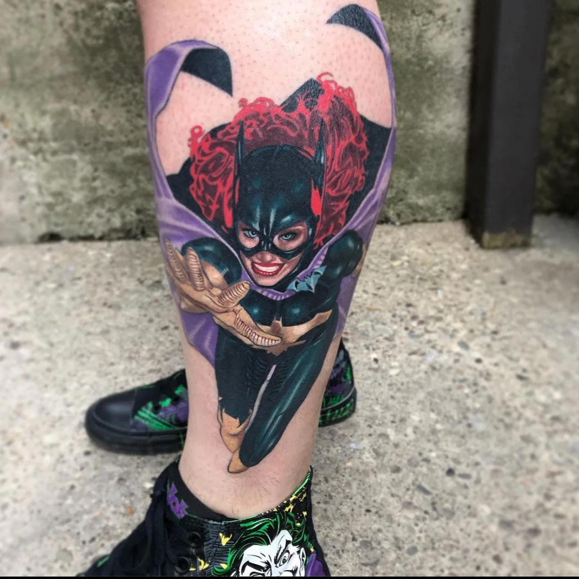 Color tattoo to Batwoman by Jesse Smith at Human Production Gallery in Bethel Park, PA.