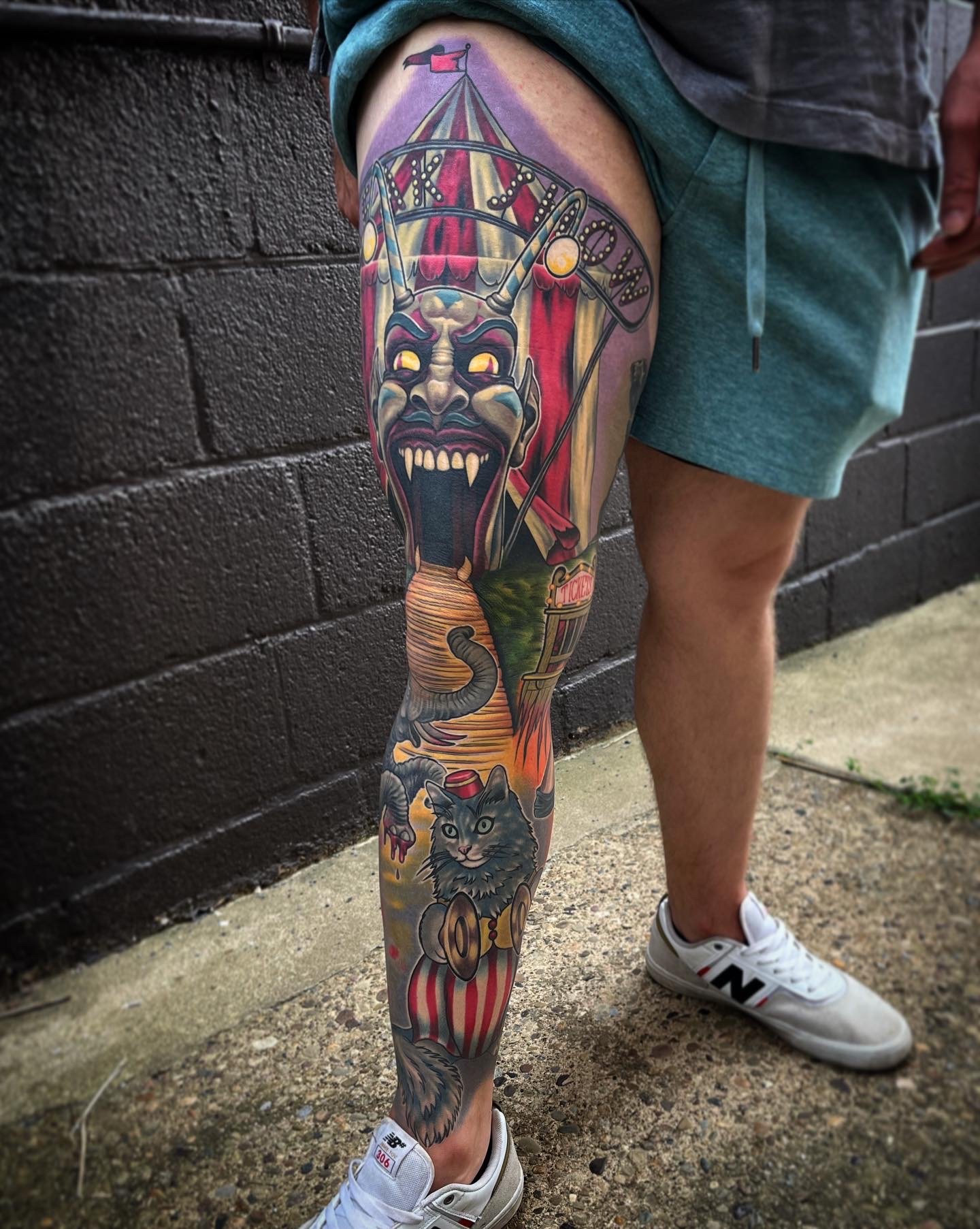 Custom full color, award-winning circus leg sleeve by Jesse Smith tattoo artist in Pittsburgh, PA.