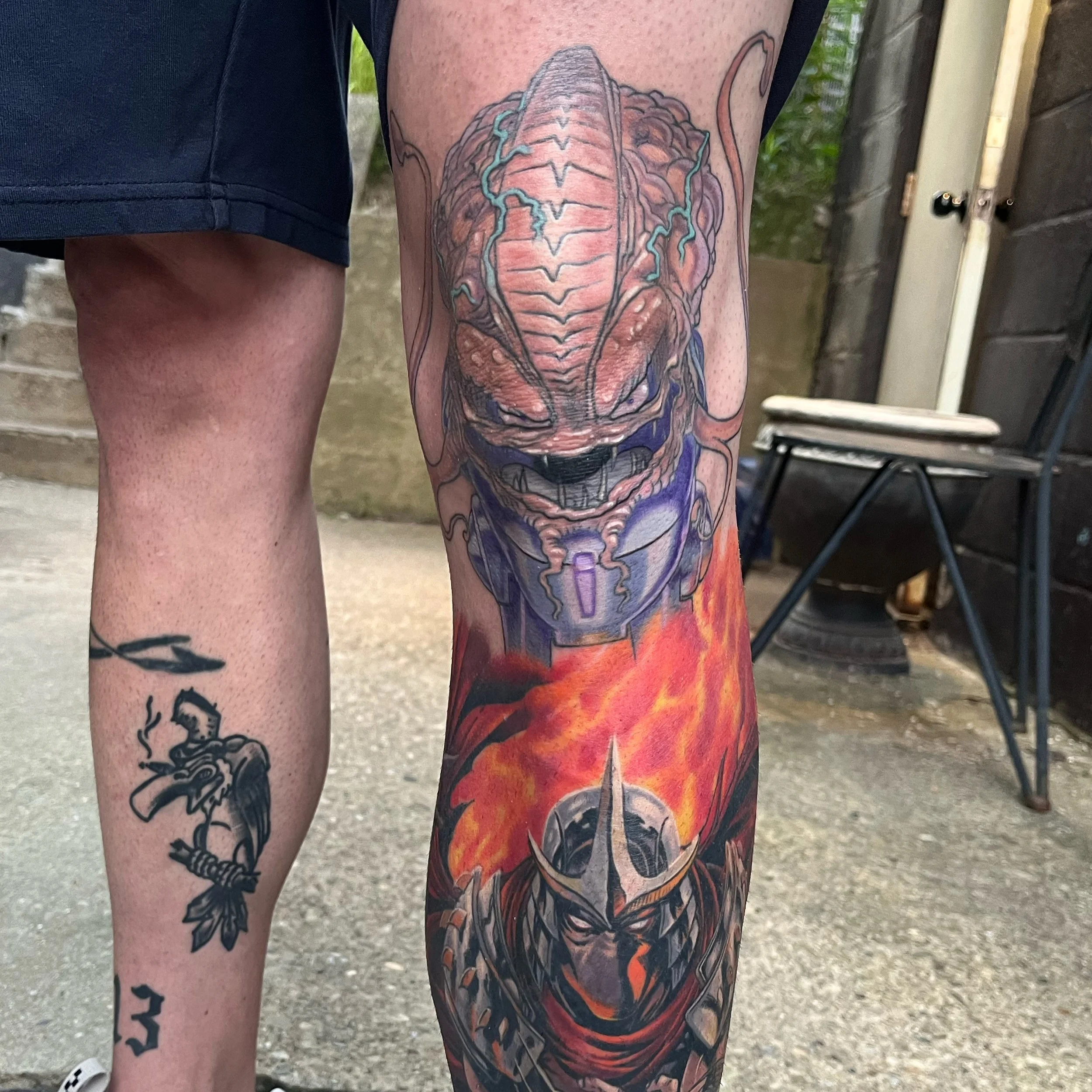 Full color tattoo of the Teenage Mutant Ninja Turtles on a person’s leg by Jesse Smith at Human Production Gallery in Bethel Park, PA.