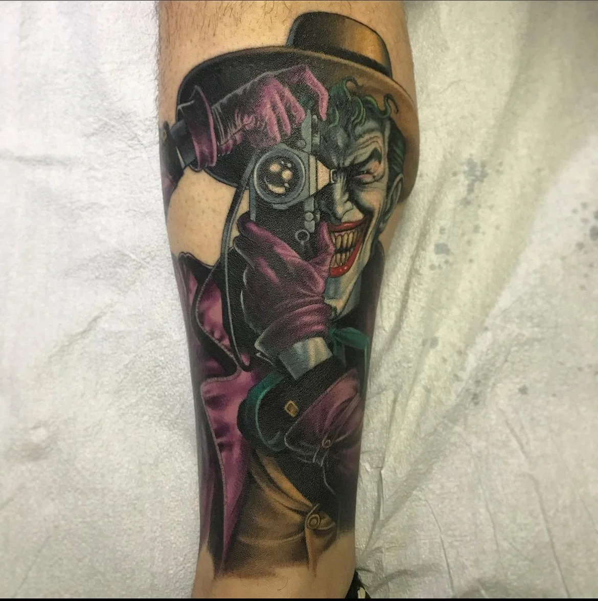 Full color Joker Batman tattoo by Jesse Smith at Human Production Gallery in Bethel Park, PA.