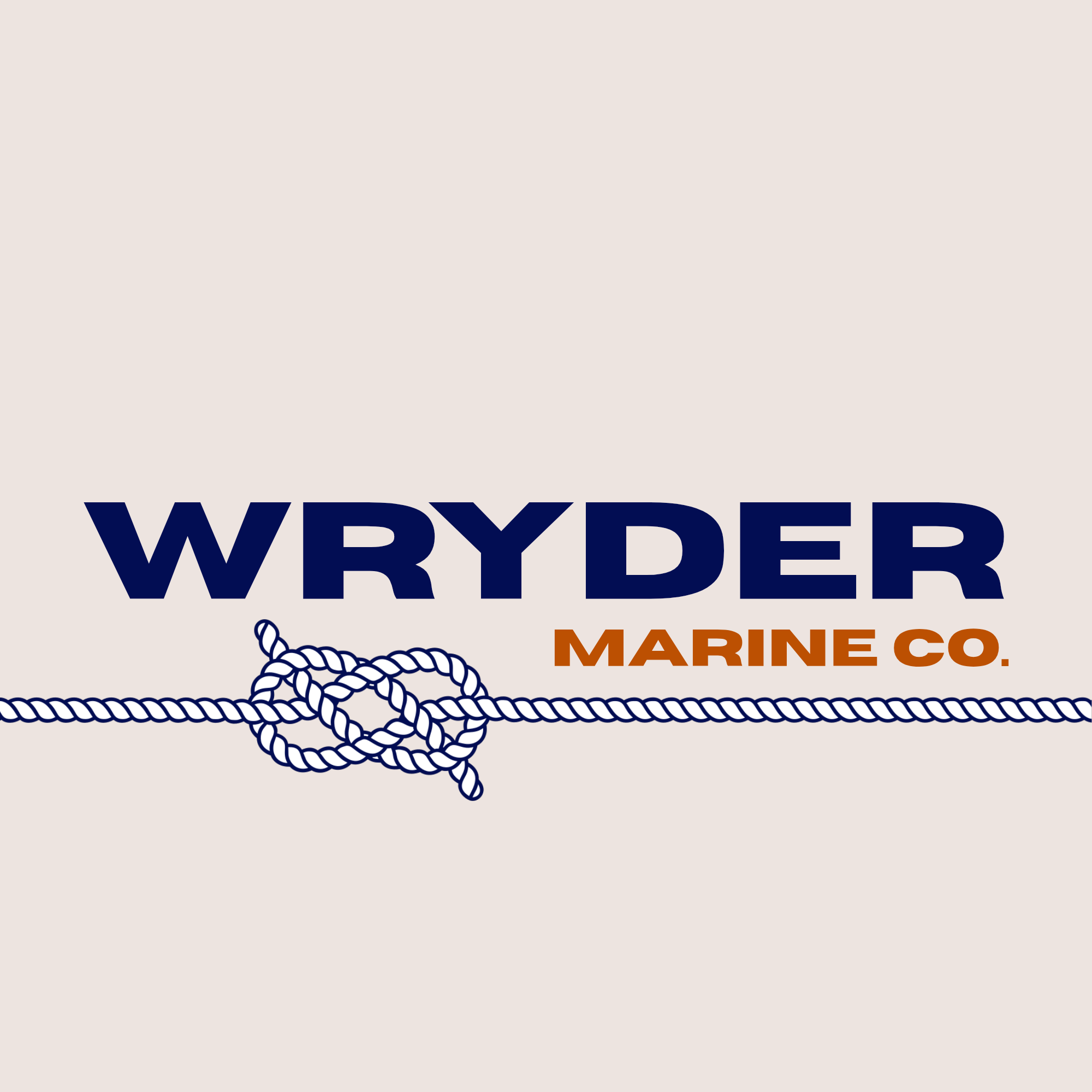 Close-up of a company logo with bold navy blue text reading "WRYDER" and <br> beneath it, smaller orange text, "MARINE CO." The background is white, and a decorative blue rope is illustrated at the bottom.
