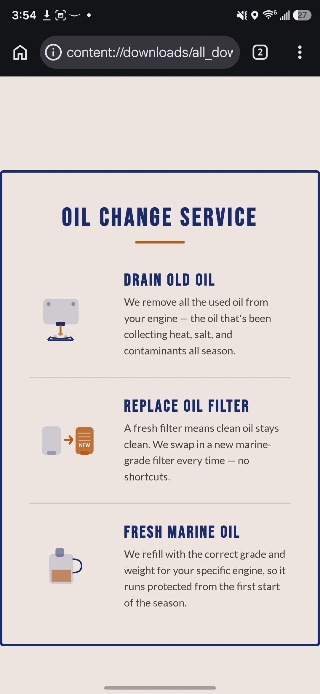 A webpage explaining car oil change services, including draining old oil, replacing oil filter, and refilling with fresh marine oil.