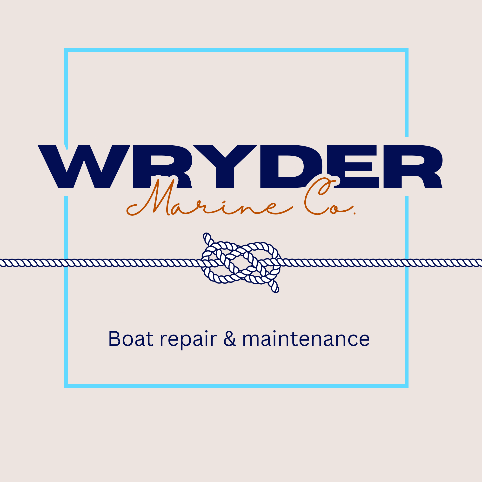 Business card for WRYDER Marine Co. with text about boat repair and maintenance, featuring a nautical knot and a rope illustration.
