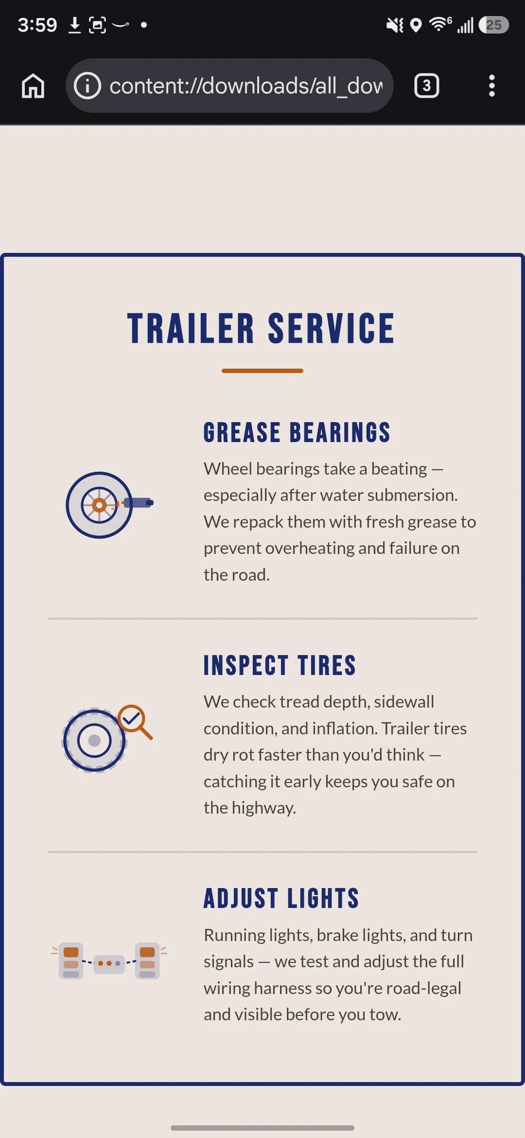 A mobile webpage about trailer service with sections on grease bearings, inspecting tires, and adjusting lights, including icons for each section.