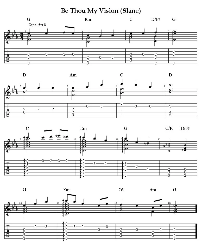 Sheet music for 'Be Thou My Vision (Slane)' arranged by Michael Straight with musical notes, chords, and tablature for guitar.