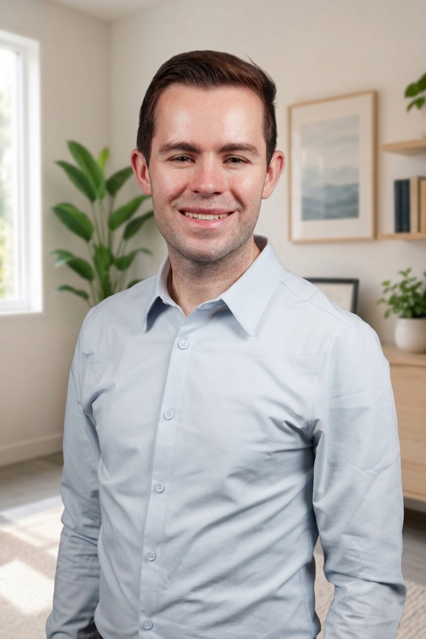 A young man with short dark hair, wearing a light blue button-up shirt, smiling in a bright, modern room with a large window, green plants, and framed artwork on the wall.