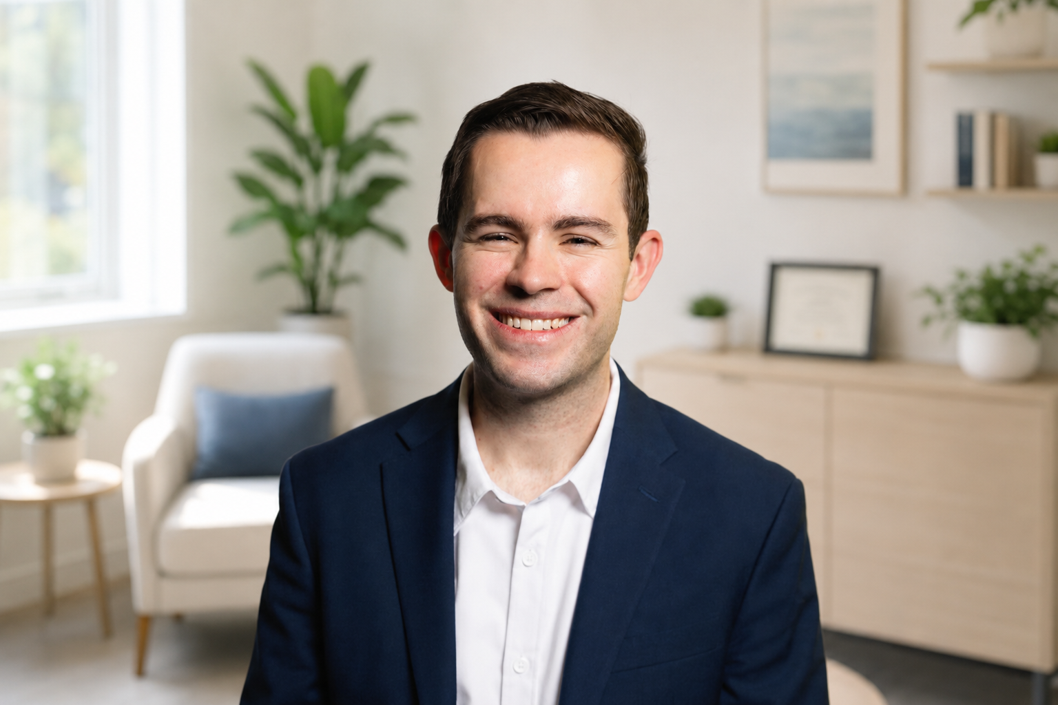 Portrait of a young man in a navy suit and white shirt smiling in a modern, well-lit living room with plants, a white armchair, and framed art on the wall.